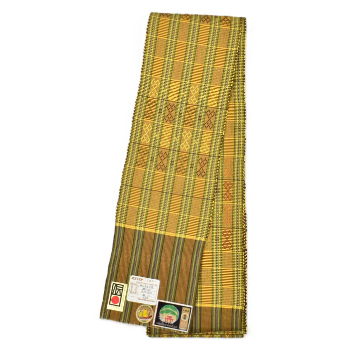 首里やしらみ花織 半幅帯 黄×茶×緑｜首里織 沖縄伝統織物 帯